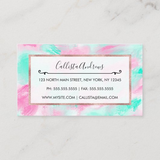 Modern Artsy Neon Roze Blauwgroen Abstracte verf Visitekaartje (Achterkant)