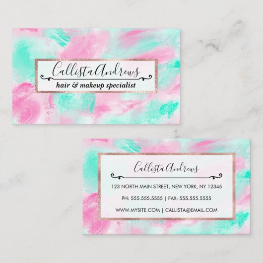 Modern Artsy Neon Roze Blauwgroen Abstracte verf Visitekaartje (Voorkant / Achterkant)