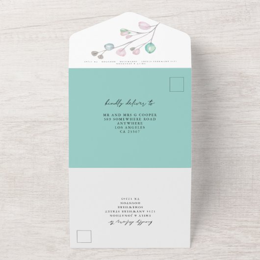 Modern Artsy Pastel laat roze Blauwgroen bruiloft All In One Uitnodiging (Buitenkant)