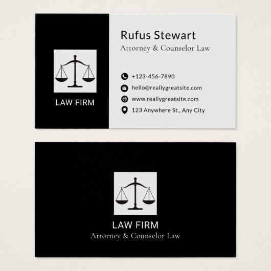 Modern Attorney Design White & Black Business Card Visitekaartje (Voorkant /achterkant)
