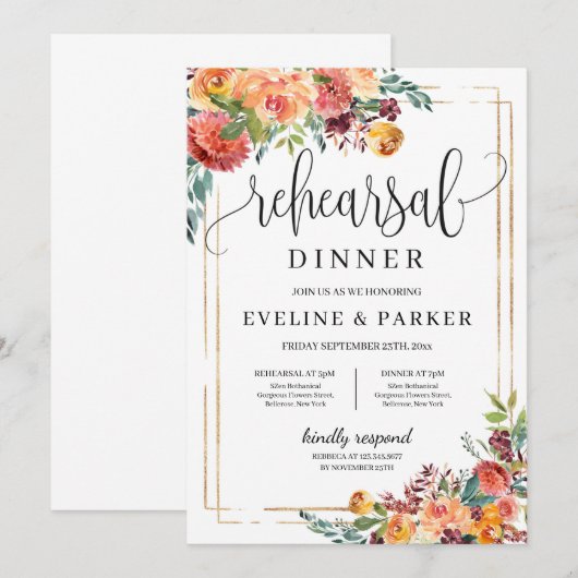 Modern Autumn Floral Rehearsal dinale uitnodiging (Voorkant / Achterkant)