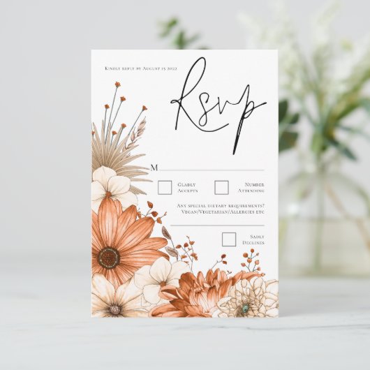 Modern Autumn Florals Terracotta Cream Script RSVP Kaartje (Staand voorkant)