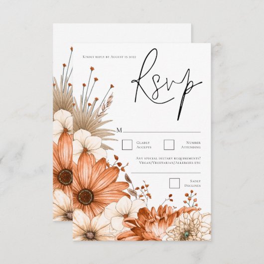 Modern Autumn Florals Terracotta Cream Script RSVP Kaartje (Voorkant / Achterkant)