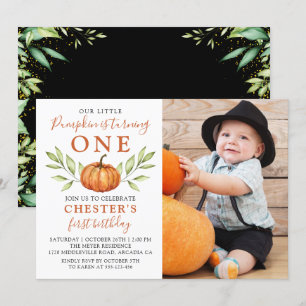 Modern Autumn Little Pumpkin 1st Birthday Foto Kaart