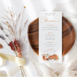 Modern Autumn Pumpkins Florals Wedding Menu<br><div class="desc">Moderne herfstluiers die het huwelijk aangaan. De Oranje en crèmepompoenen en -floralen in valkleuren bevinden zich onderaan met een coördinerende kleur op de achterkant,  met een elegant ingesteld script voor Menu en gemakkelijk om de rest van de tekst aan uw wensen aan te passen.</div>