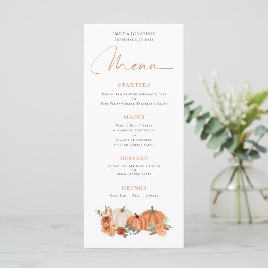 Modern Autumn Pumpkins Florals Wedding Menu (Staand voorkant)