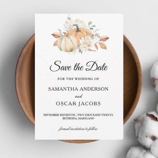 Modern Autumn Waterverf Pomkins & Flowers Save The Date