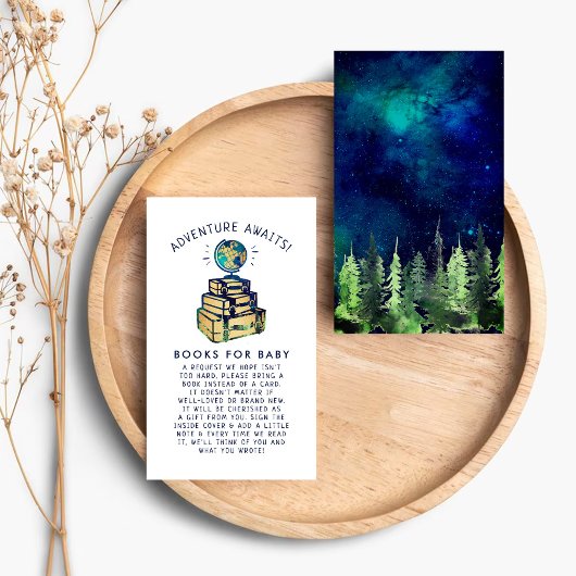 Modern avontuurlijk Wereldbol Baby shower Book Informatiekaartje