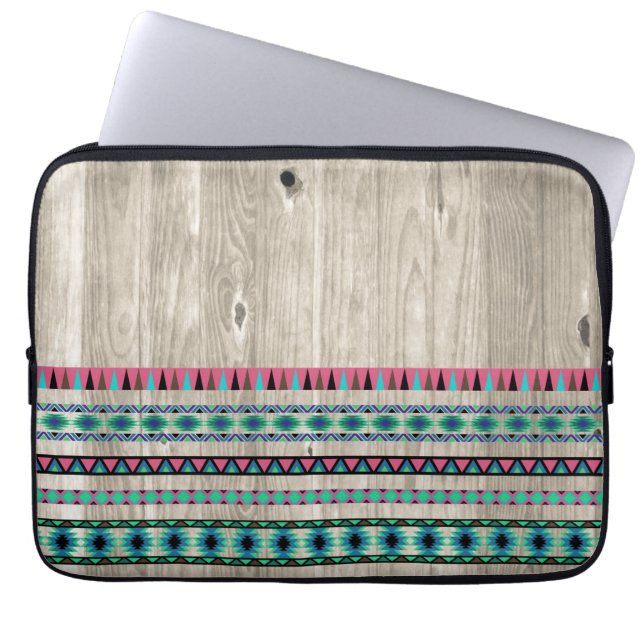 Modern Aztec Pattern on Wood Laptop Sleeve (Voorkant)
