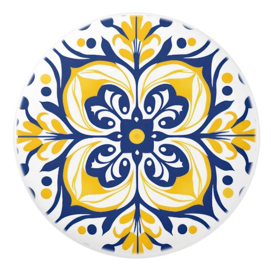 Modern Azulejo Blauw Geel Portugees Lissabon Keramische Knop (Voorkant)