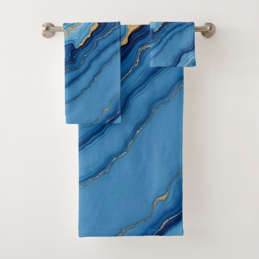 Modern Azure Blue Gold Marble Collectie Bad Handdoek (Insitu)