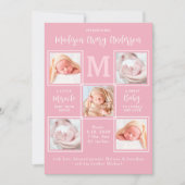 Modern Baby 5 Fotocollage Pasgeboren Roze Geboorte Aankondiging (Voorkant)