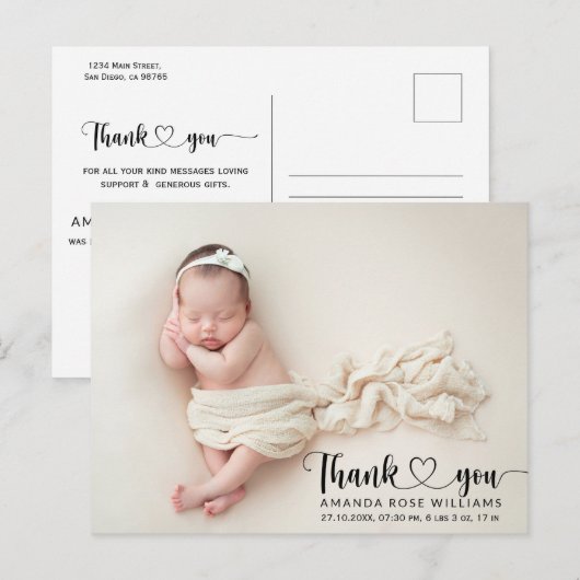 Modern Baby Birth Announding Foto: Dank u Briefkaart (Voorkant / Achterkant)