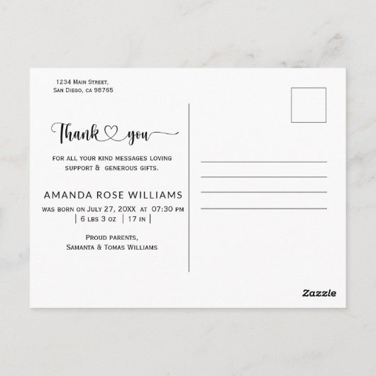Modern Baby Birth Announding Foto: Dank u Briefkaart (Achterkant)