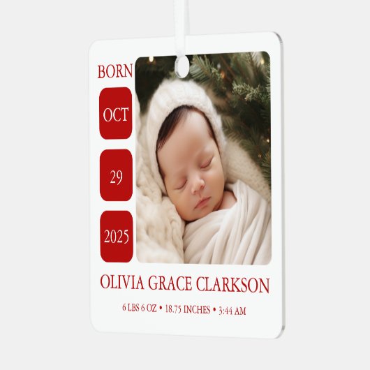 Modern Baby Birth Stats Photo Christmas Ornament (Voorkant links)