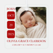 Modern Baby Birth Stats Photo Christmas Ornament (Achterkant)