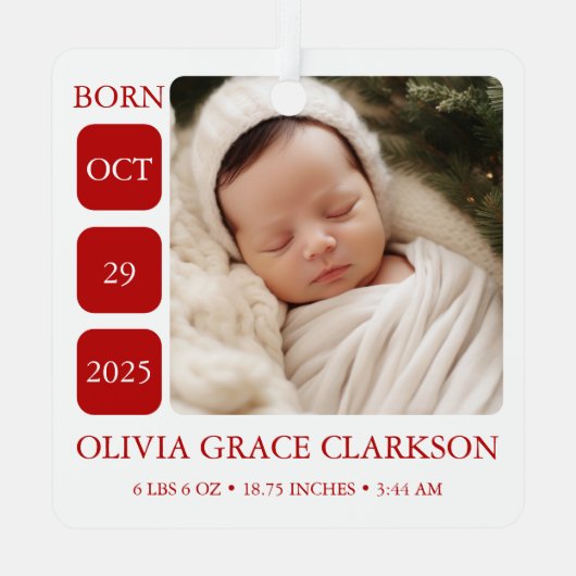 Modern Baby Birth Stats Photo Christmas Ornament (Achterkant)
