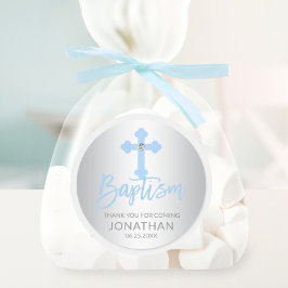 Modern Baby Blauw Kruis Doop Jongen Dank u Ronde Sticker