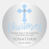 Modern Baby Blauw Kruis Doopjongen Dank u Ronde Sticker (Voorkant)