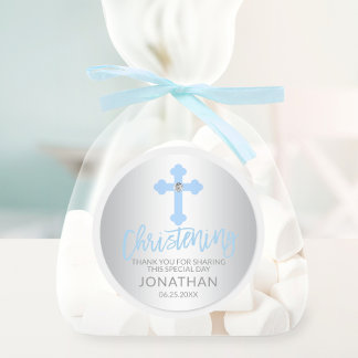 Modern Baby Blauw Kruis Doopjongen Dank u Ronde Sticker