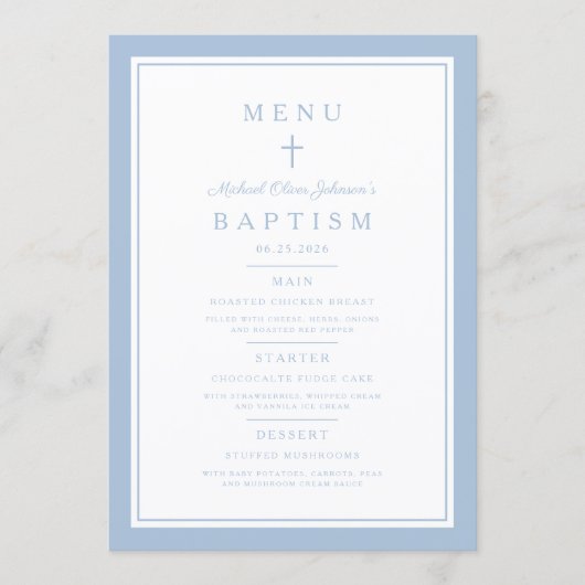 Modern Baby Blauwe Kruis Jongens Doop Menu (Voorkant)