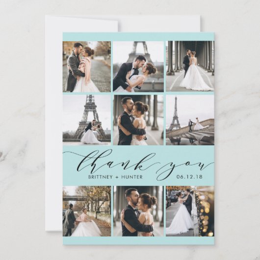 Modern Baby Blue Calligrafie 9 Foto Collage Bedankkaart (Voorkant)