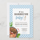 Modern Baby Blue Gingham Barbecue Baby shower Kaart (Voorkant)