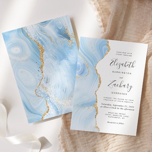 Modern Baby Blue Gold Agate Wedding Kaart