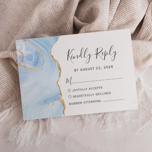 Modern Baby Blue Gold Waterverf Agate Wedding RSVP Kaartje