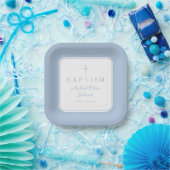 Modern Baby Blue Religius Cross Boy Baptism Papieren Bordje (Feest)