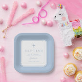 Modern Baby Blue Religius Cross Boy Baptism Papieren Bordje (Feest)