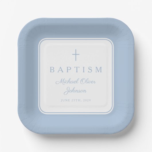 Modern Baby Blue Religius Cross Boy Baptism Papieren Bordje (Voorkant)