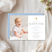 Modern Baby Blue Script Cross Boy Fotodoop Kaart