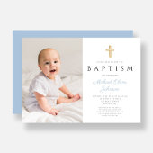 Modern Baby Blue Script Cross Boy Fotodoop Kaart