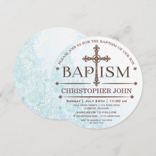 Modern Baby Boy Baptism Circle Invitation Kaart (Voorkant / Achterkant)
