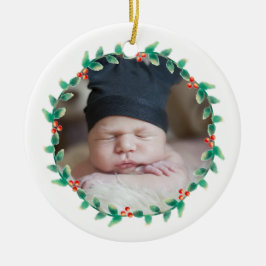 Modern Baby Boy First Kerstfoto Holly Berry Keramisch Ornament