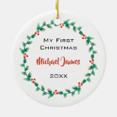 Modern Baby Boy First Kerstfoto Holly Berry Keramisch Ornament (Achterkant)