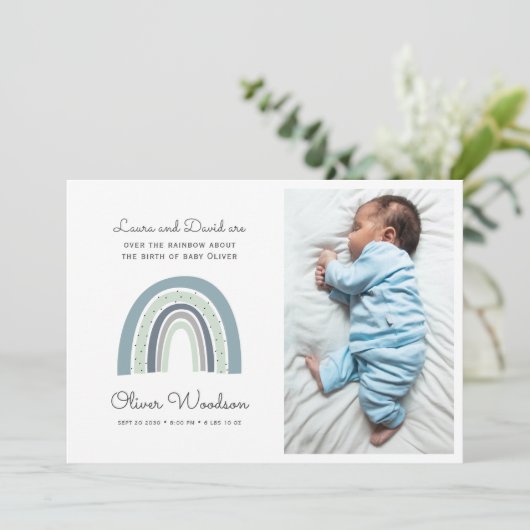 Modern Baby Boy Foto Blue Birth Notice Aankondiging (Staand voorkant)