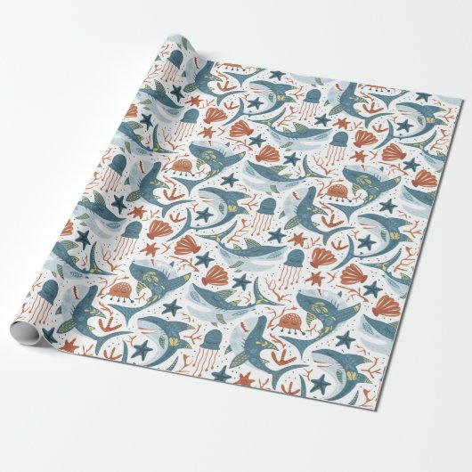 Modern Baby Boy Kids Verjaardag onder het Zee Shar Cadeaupapier (Uitgerold)