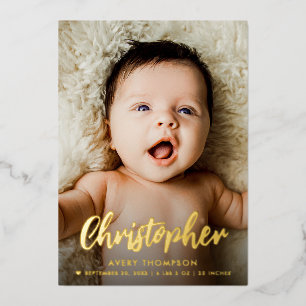 Modern Baby Boy Naam script aangepaste foto geboor Folie Feestdagenkaart