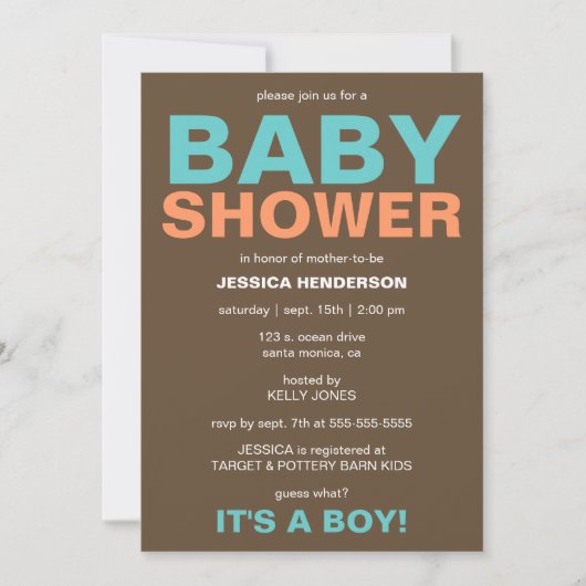 Modern Baby Boy Shower Invitation - Bruin/Blauwgro Kaart (Voorkant)