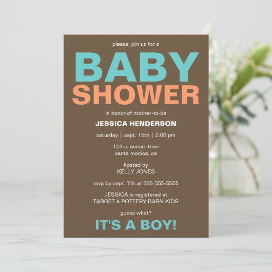 Modern Baby Boy Shower Invitation - Bruin/Blauwgro Kaart (Staand voorkant)