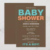 Modern Baby Boy Shower Invitation - Bruin/Blauwgro Kaart (Voorkant / Achterkant)