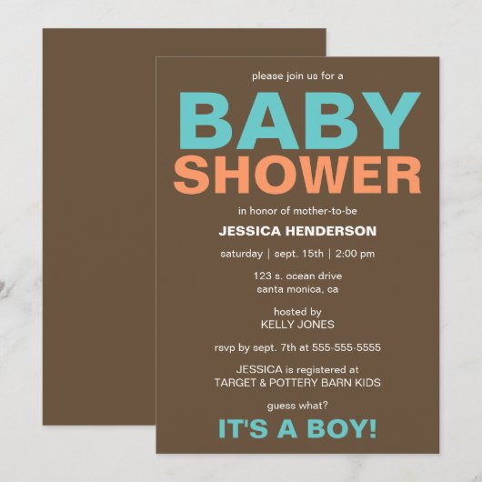 Modern Baby Boy Shower Invitation - Bruin/Blauwgro Kaart (Voorkant / Achterkant)
