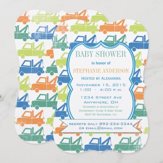 Modern Baby Boy Tow Truck Shower Kaart (Voorkant / Achterkant)
