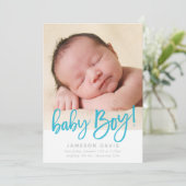 MODERN BABY FOTO eenvoudig jongensblauw script sch Aankondiging (Staand voorkant)