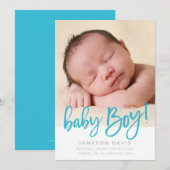 MODERN BABY FOTO eenvoudig jongensblauw script sch Aankondiging (Voorkant / Achterkant)