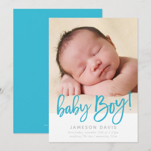 MODERN BABY FOTO eenvoudig jongensblauw script sch Aankondiging (Voorkant / Achterkant)