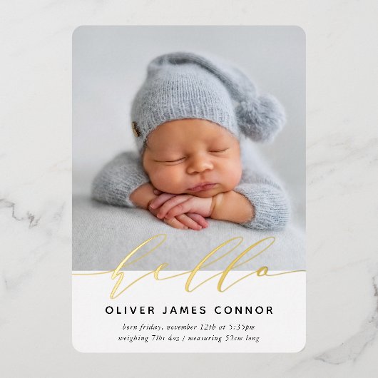 MODERN BABY FOTO elegant hallo calligrafie groot A Folie Uitnodiging (Voorkant)