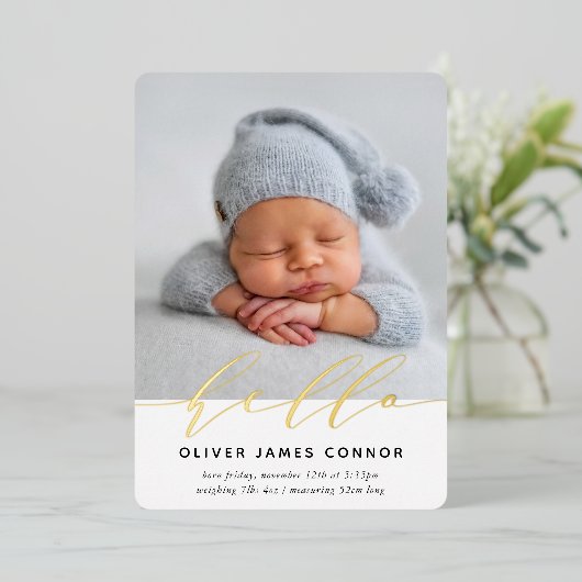 MODERN BABY FOTO elegant hallo calligrafie groot A Folie Uitnodiging (Staand Voorkant)